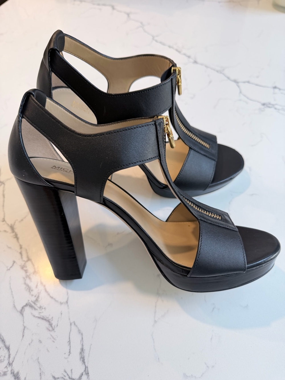 MICHAEL Michael Kors Black High Heel Sandals with Gold Zipper Detail - Picture 4 of 12